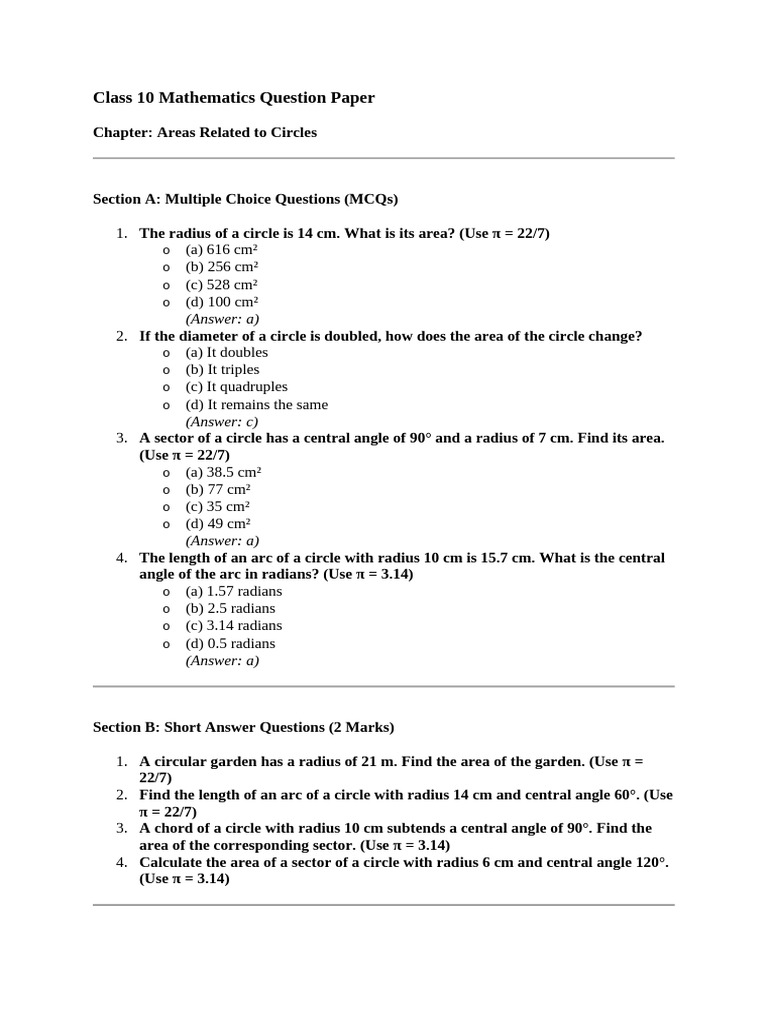 Class 10 Circle Area Questions | PDF | Circle | Angle