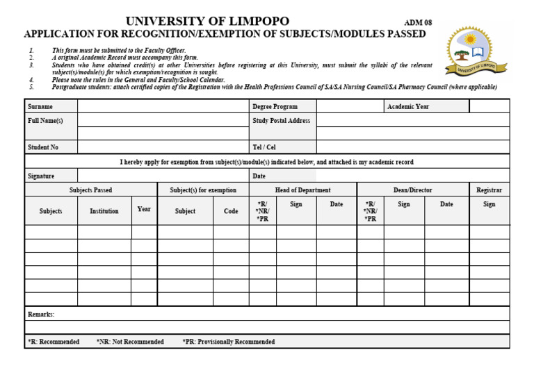 Application for Subject Exemption Form | PDF