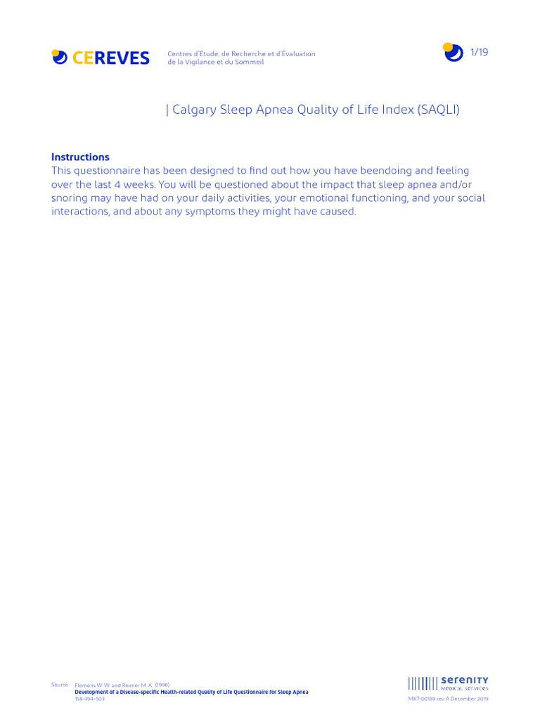 Sleep Apnea Quality of Life Questionnaire | PDF | Snoring | Physiology
