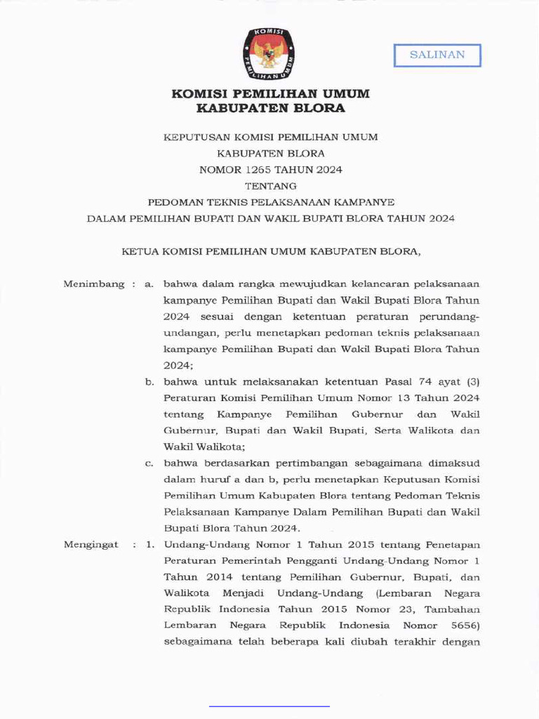 Keputusan KPU Kabupaten Blora Nomor 1265 Tahun 2024 | PDF