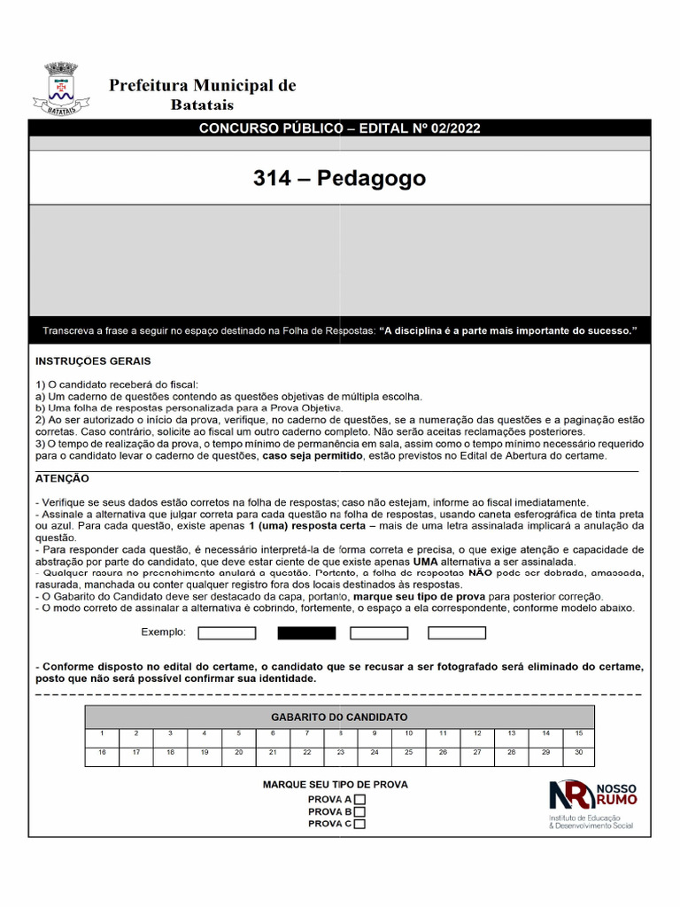Prova Nosso Rumo - Pedagogo (Matematica) | PDF
