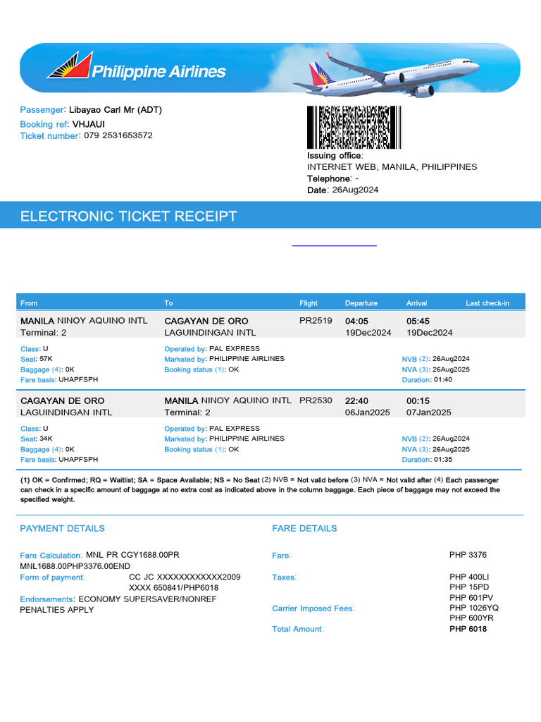 Philippine Airlines Electronic Ticket Details | PDF
