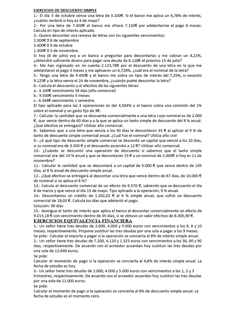 Ejercicios de Descuento Simple y Equivalencia Financiera | PDF | Bancos ...