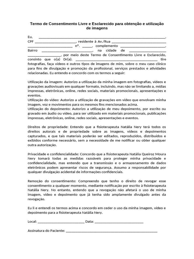 Termo de Consentimento para Imagens | PDF | Vídeo | Imagem