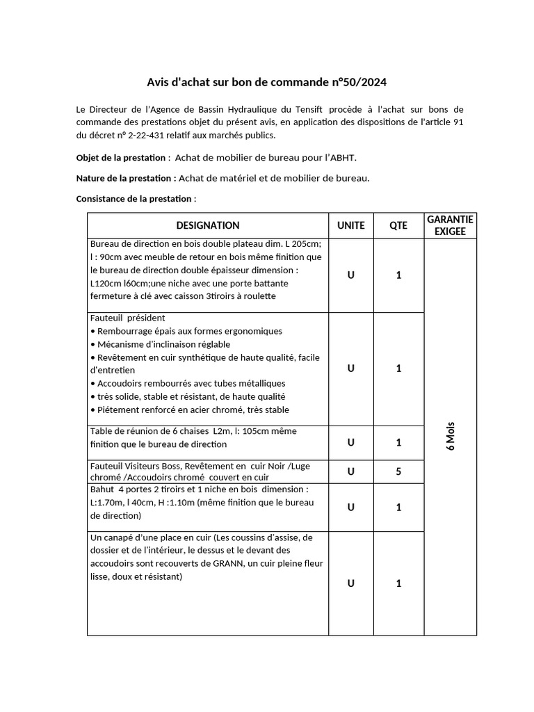 Avis d'achat mobilier bureau ABHT 2024 | PDF
