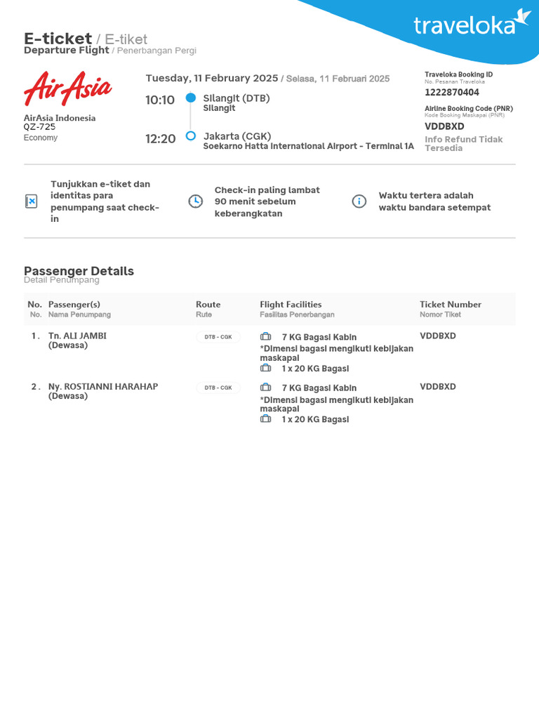 E-Tiket Penerbangan AirAsia 11 Feb 2025 | PDF