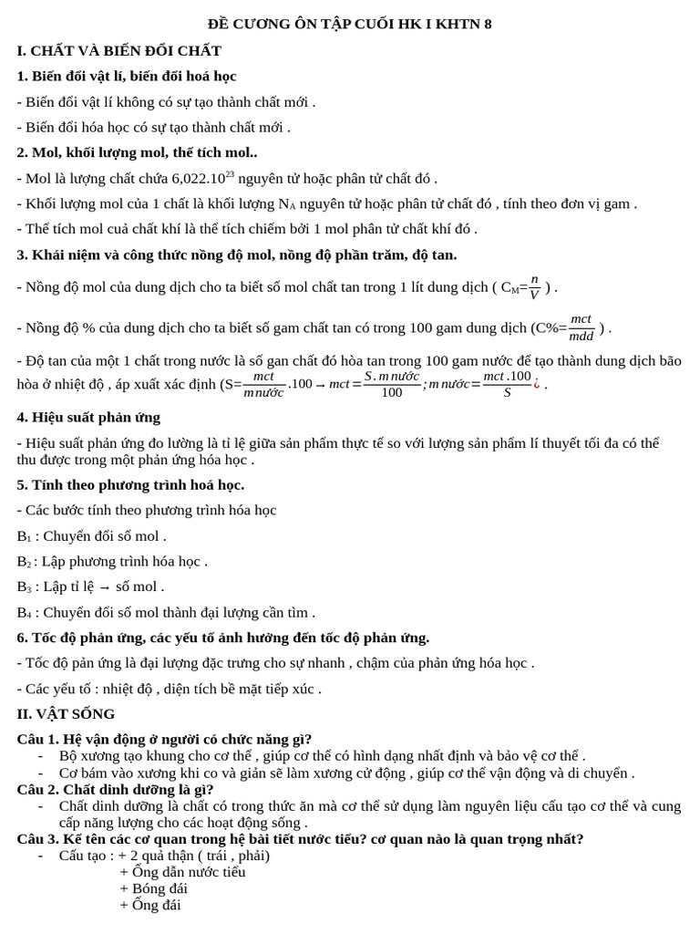 ĐỀ CƯƠNG KHTN 1 | PDF