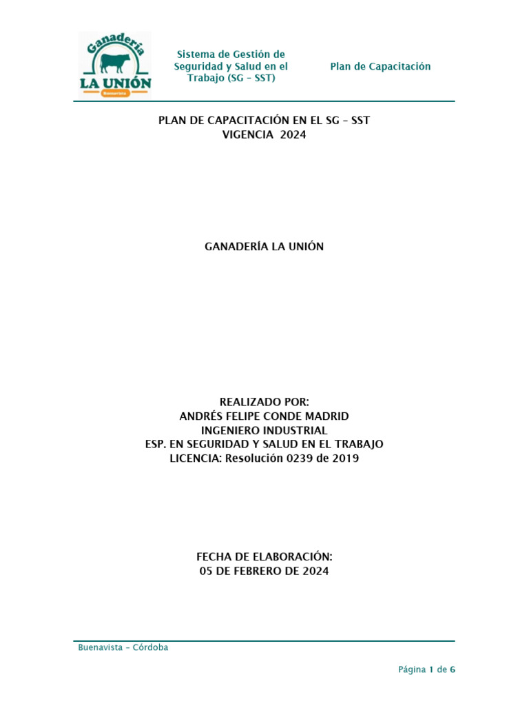 Plan de Capacitación SG-SST 2024 | PDF | Valores | Gestión de recursos ...