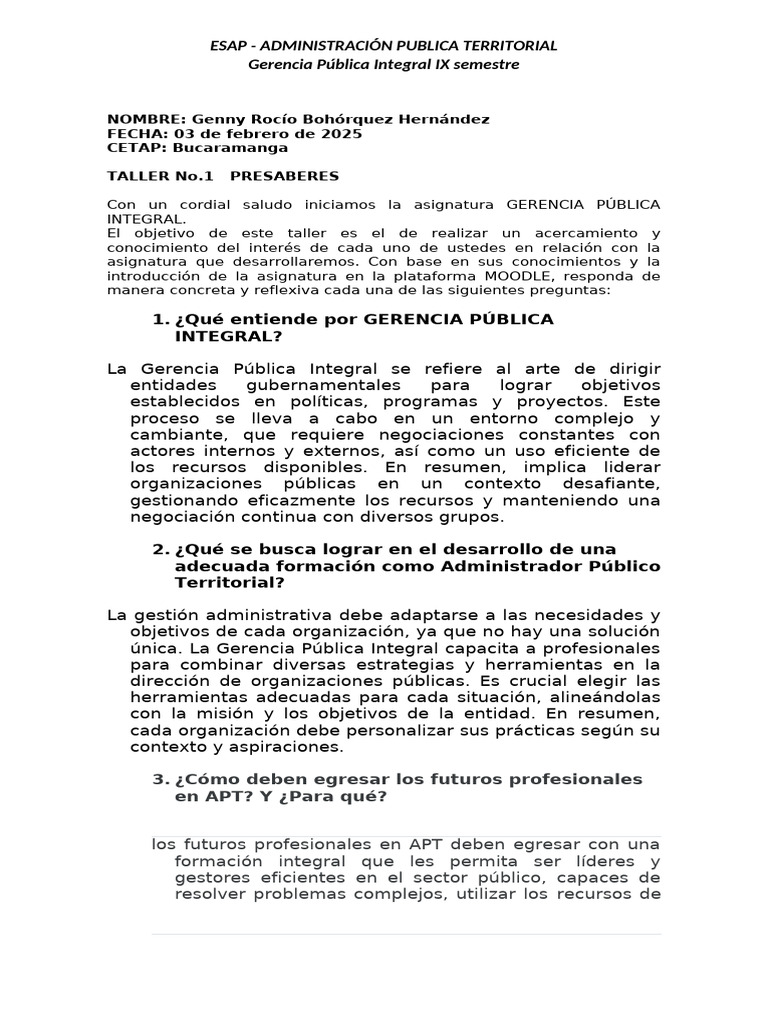 Genny Rocio Taller 1 Gerencia Publica | PDF | Administración Pública ...