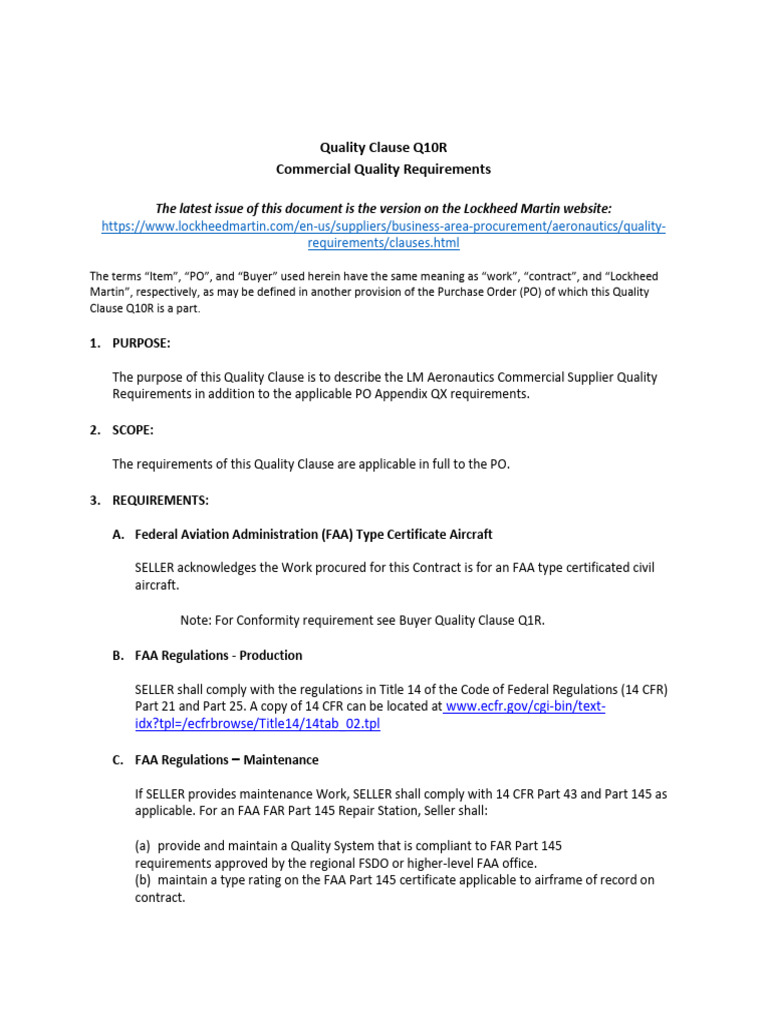 Lockheed Martin Quality Clause Q10R | PDF | Federal Aviation ...