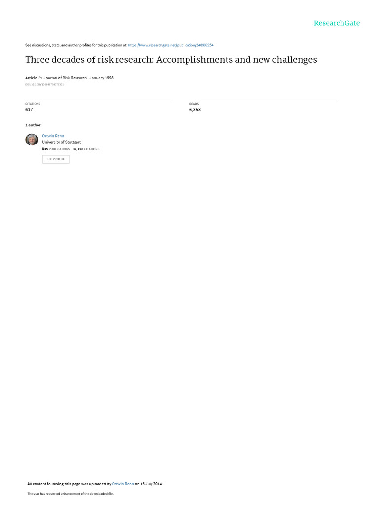 Three Decades of Risk Research Accomplishments and | PDF | Risk | Risk ...