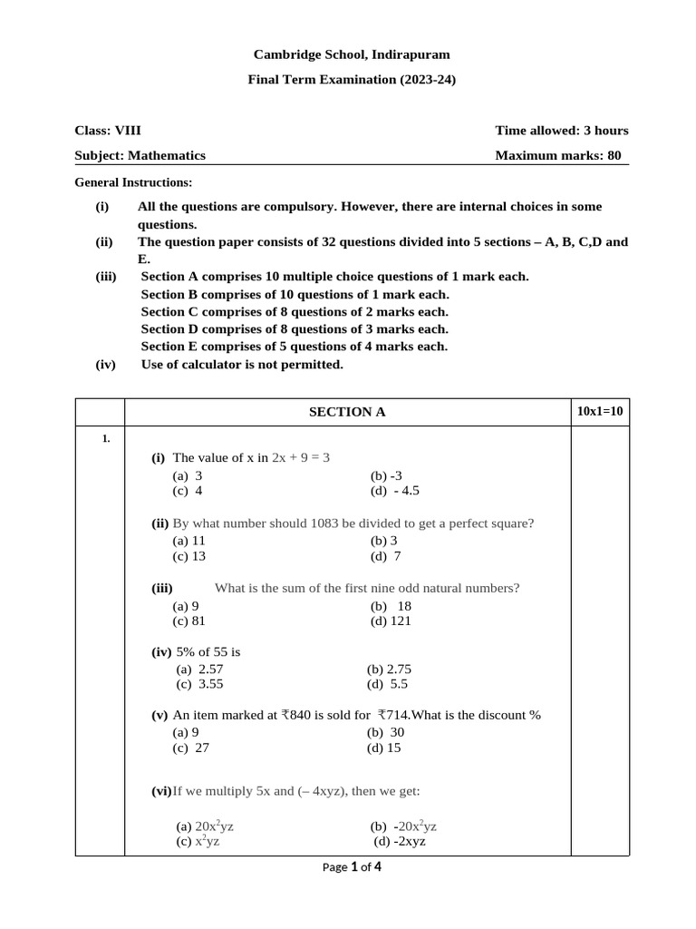 Class 8 Maths Final Exam Paper 2023 | PDF | Area