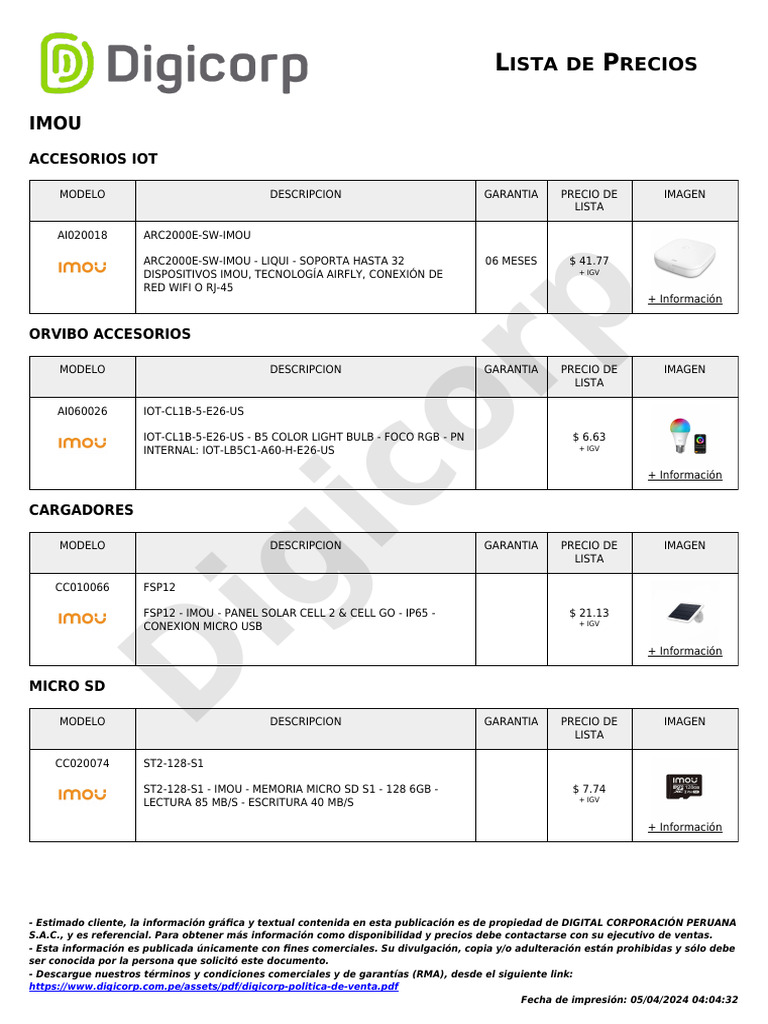 Lista de Precios de Productos IMOU | PDF | Electrónica | Hardware de la ...