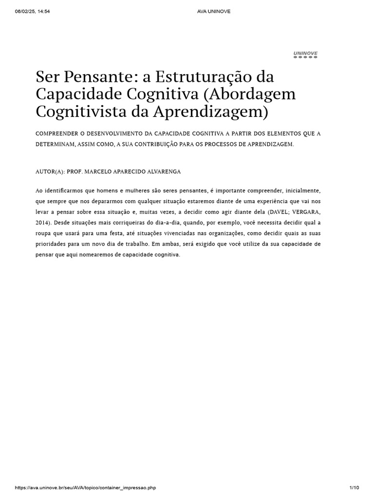 Estrutura da Capacidade Cognitiva | PDF | Aprendizado | Memória