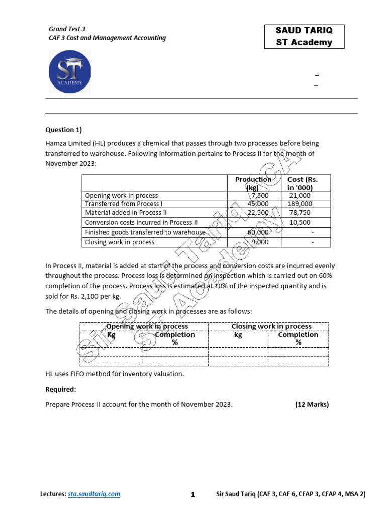 CAF 3 CMA Grand Test 3 With Solution Saud Tariq ST Academy | PDF ...