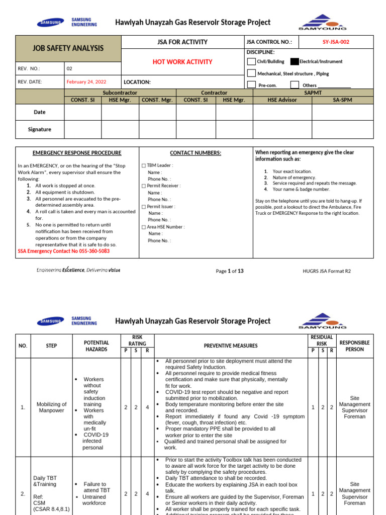 Hawiyah Gas Project Job Safety Analysis | PDF | Welding | Construction