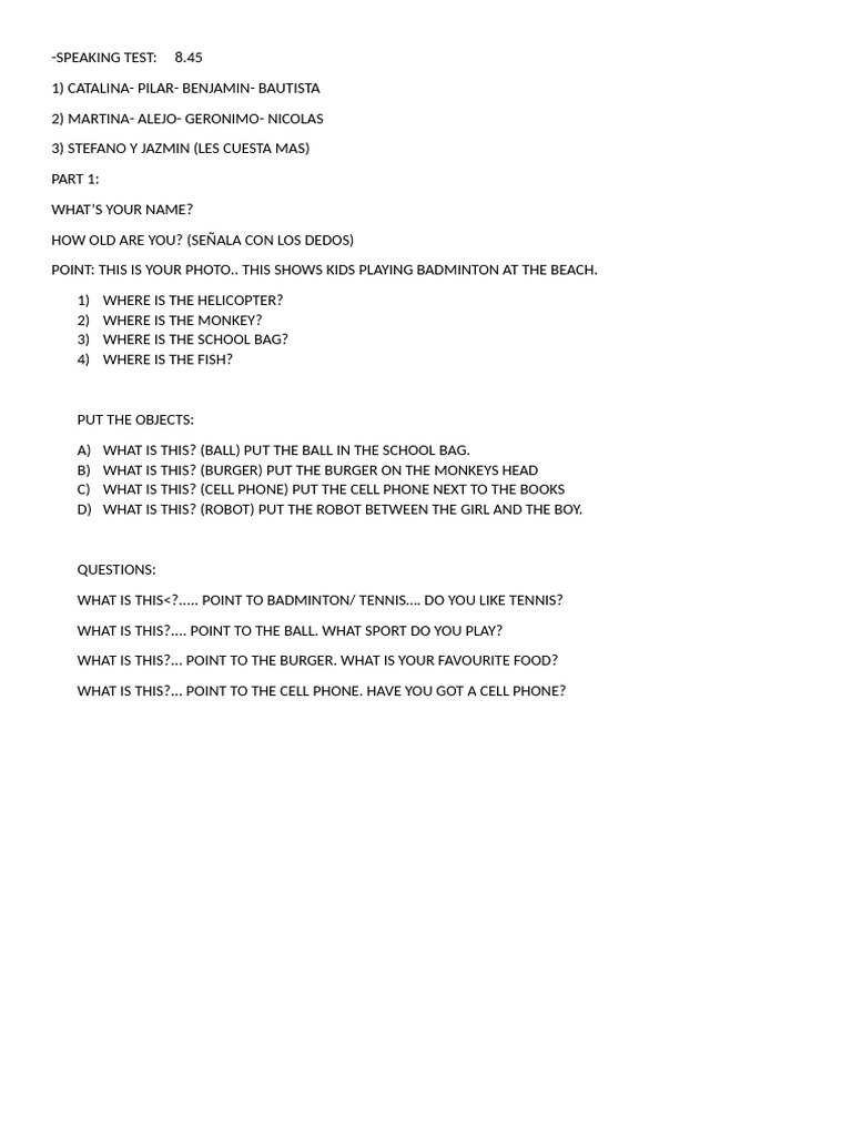 Speaking Test Nea1 Lunes | PDF