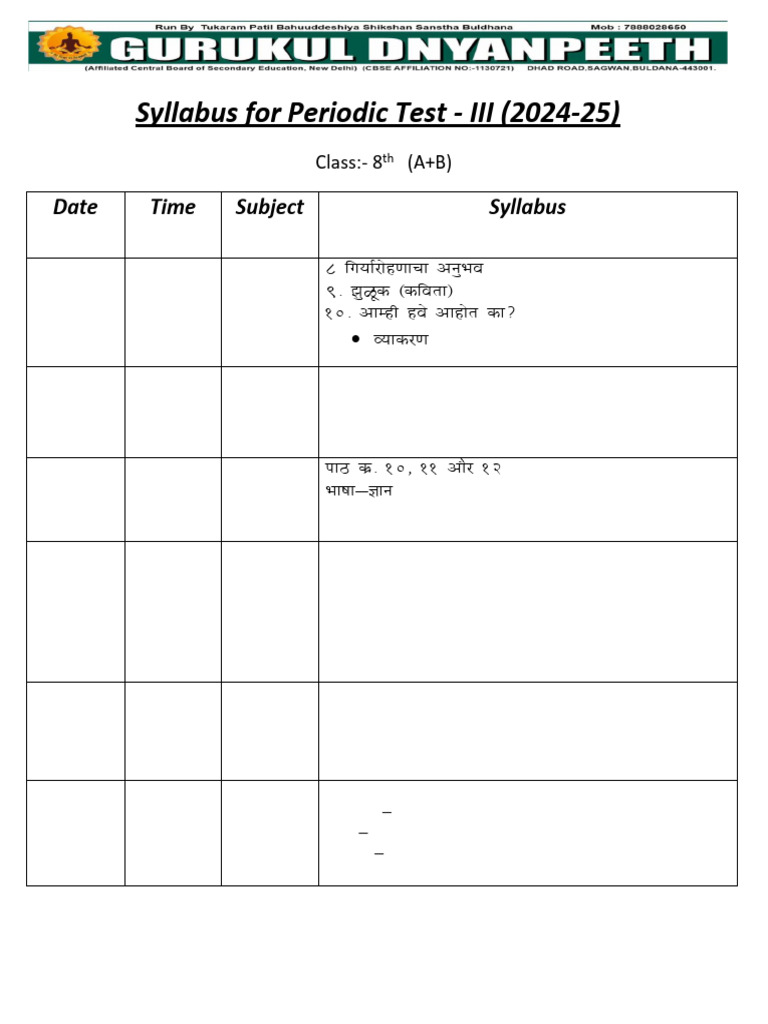 Class 8th Syllabus For Periodic Test | PDF