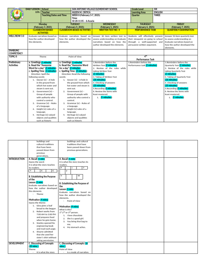 Week 8 English Lesson Plan for Grade 6 | PDF