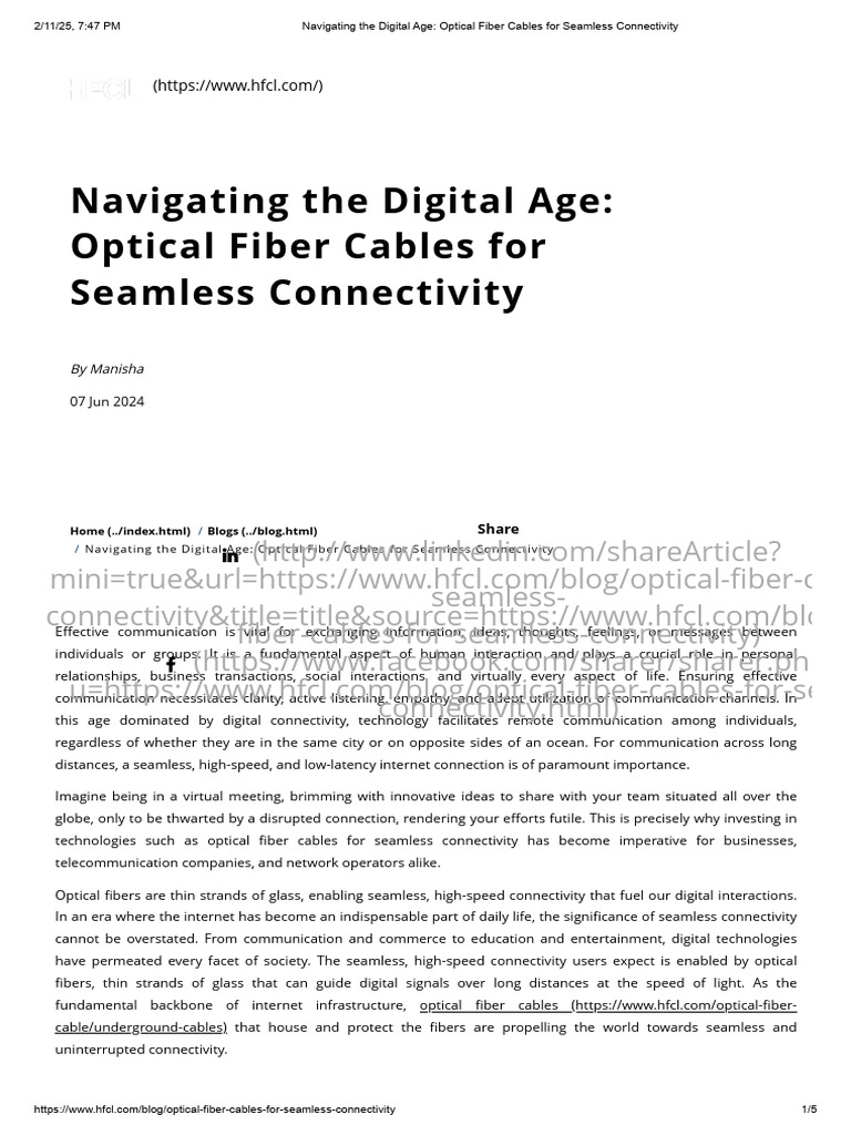 Optical Fiber Cables: Ensuring Connectivity | PDF | Fiber To The X ...