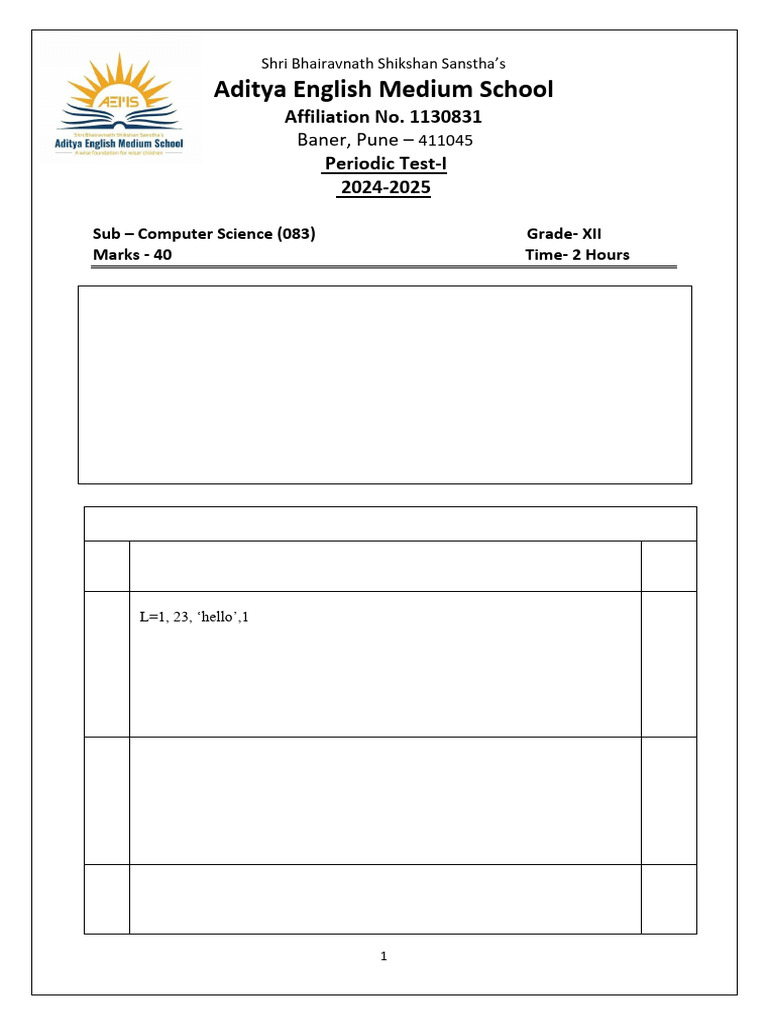 Aditya English Medium School: Baner, Pune | PDF