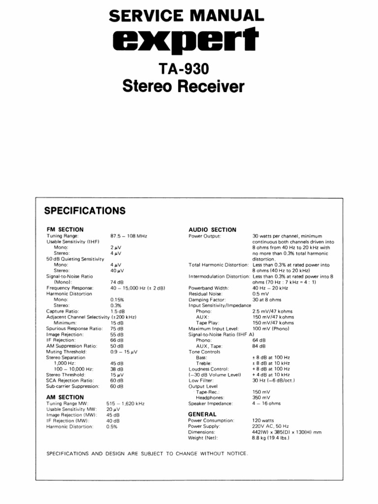 ExpGrl TA-930 Stereo Receiver Manual | PDF | Decibel | Frequency Modulation