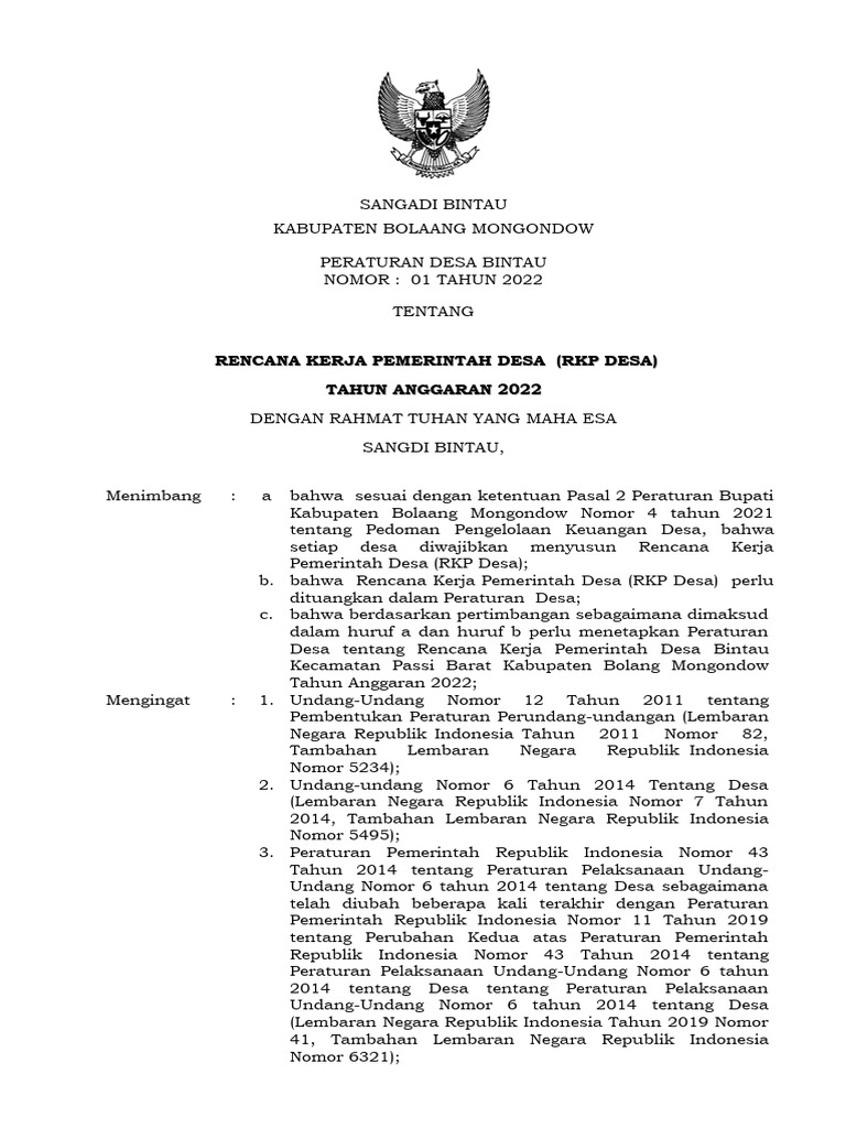 Perdes Rkp Desa Bintau 2022 Pdf Pdf