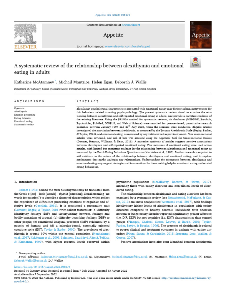 Alexithymia and Emotional Eating Review | PDF | Systematic Review ...