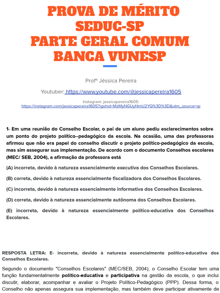 Prova de Mérito SEDUC-SP: Questões e Respostas | PDF | Educação ...