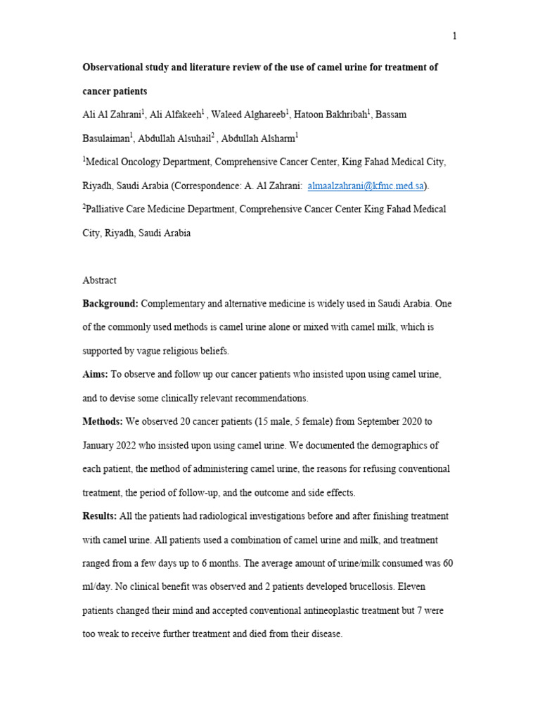 Observational Study and Literature Review of The Use of Camel Urine For ...