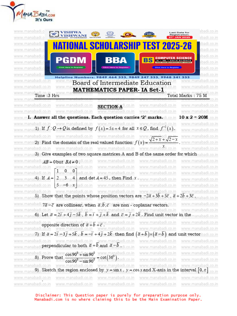 Inter 1st Year Maths IA Set-1 | PDF | Mathematical Concepts | Mathematics
