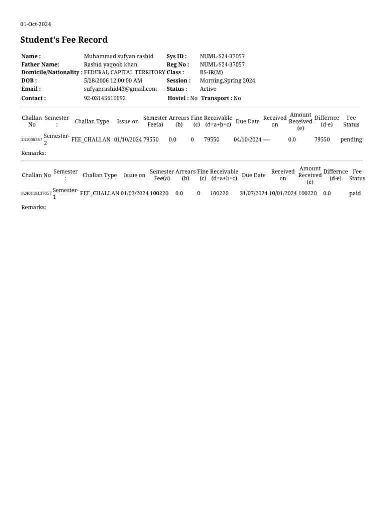 Student Fee Record for Muhammad Sufyan | PDF