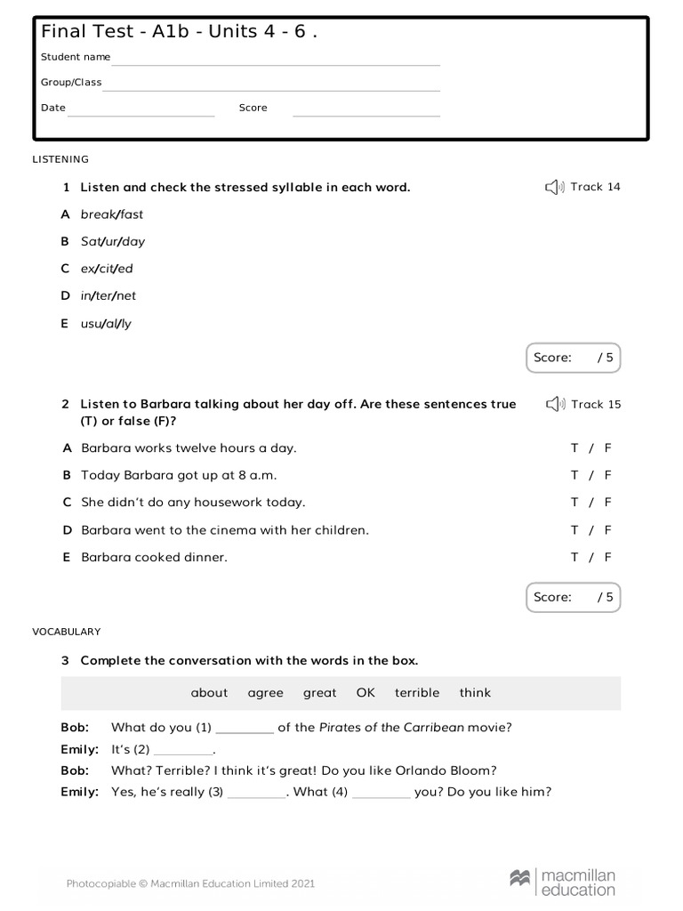 A1b Final Test: Units 4-6 Assessment | PDF | Linguistic Morphology ...