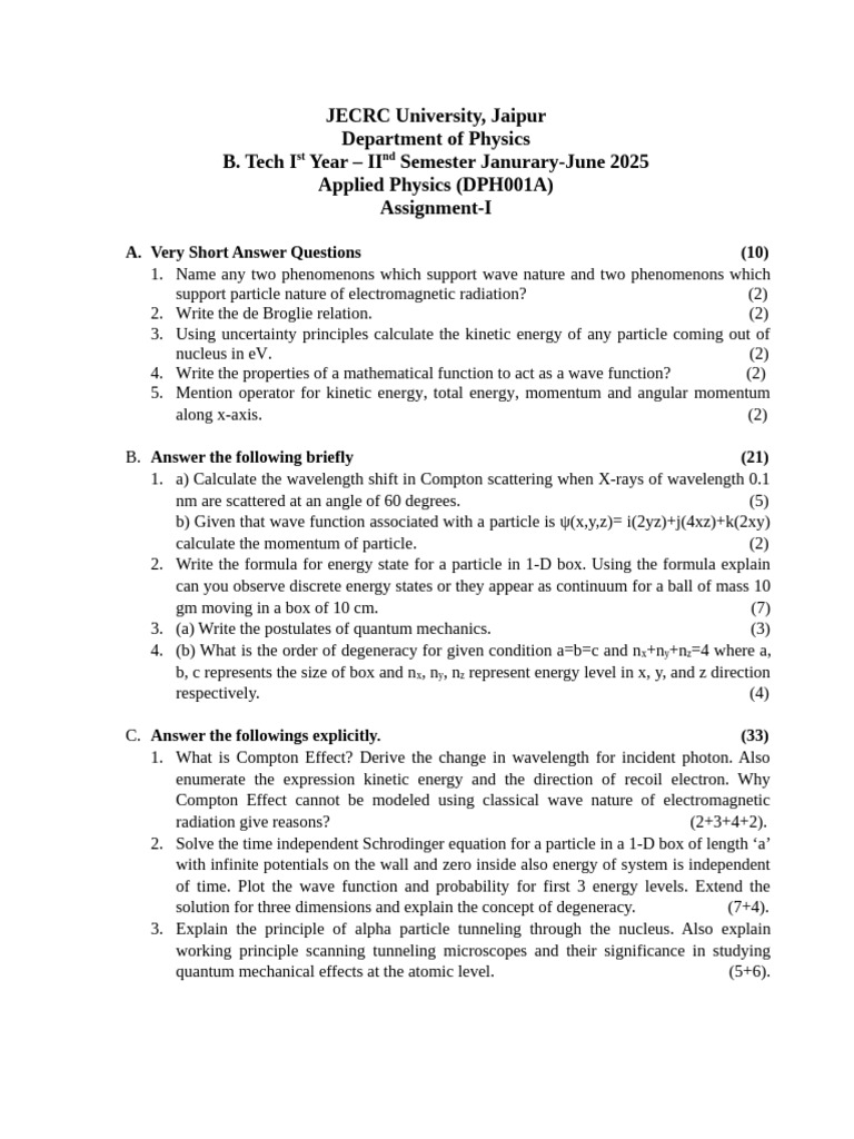 B.Tech Applied Physics Assignment 2025 | PDF | Energy Level | Wave Function