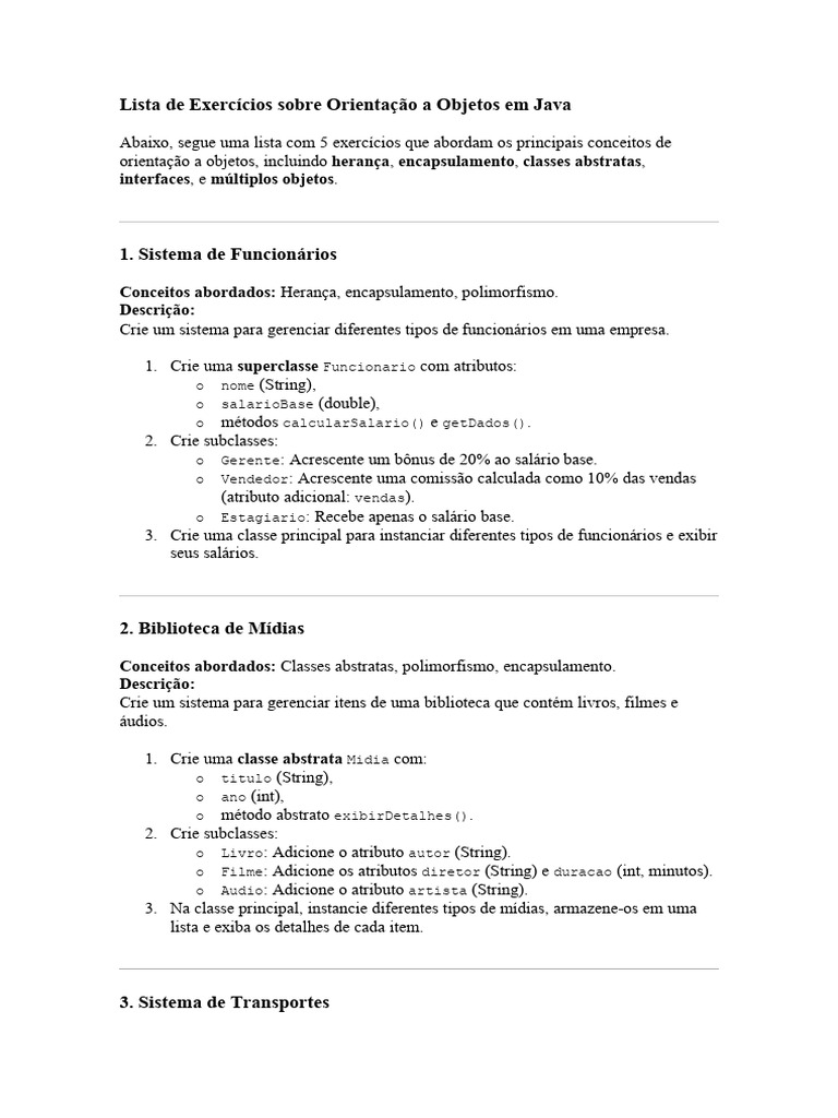 Exercícios de Orientação a Objetos em Java | PDF | Classe (programação ...