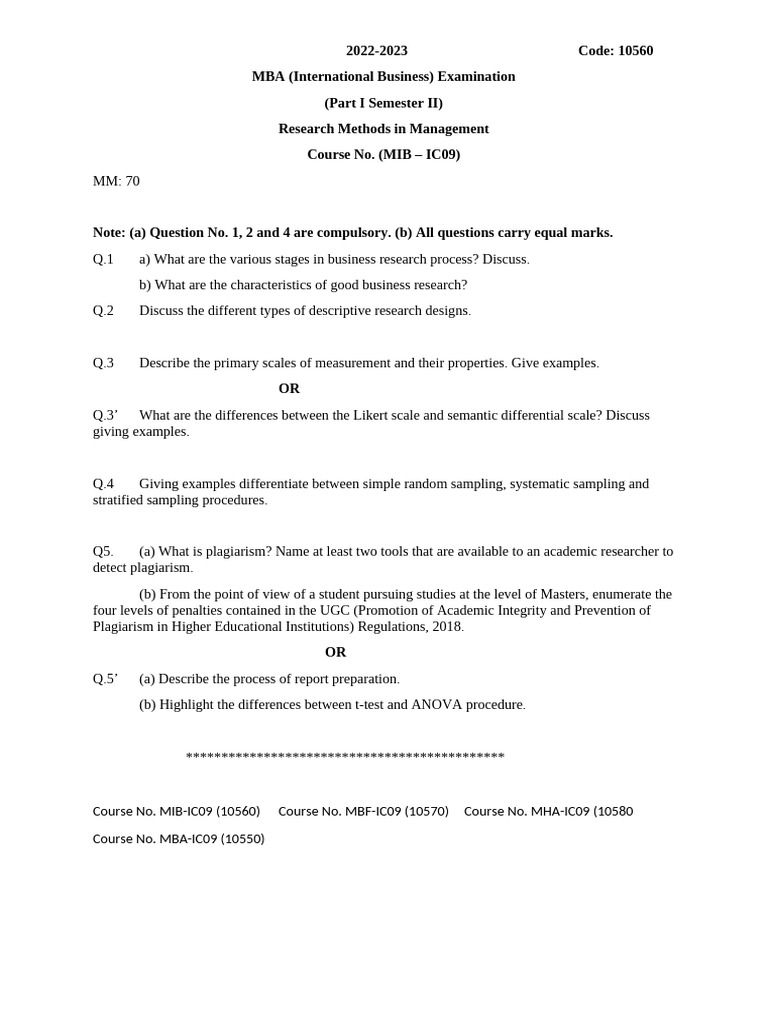 MBA Exam Questions: Research & OB 2022-23 | PDF | Master Of Business ...