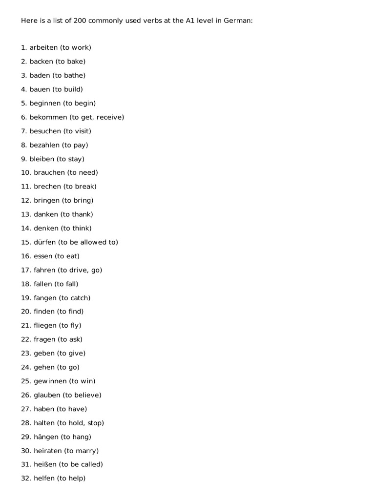200 Essential A1 German Verbs List | PDF