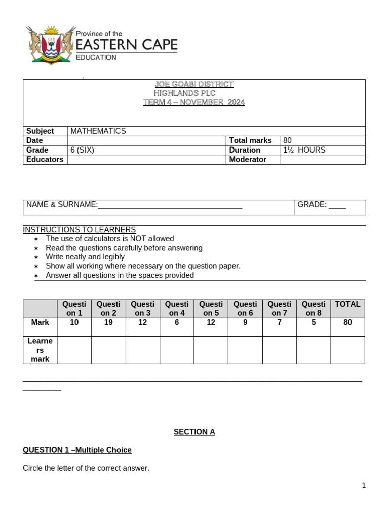 Grade 6 Term 4 Maths Exam Paper | PDF | Volume | Numbers