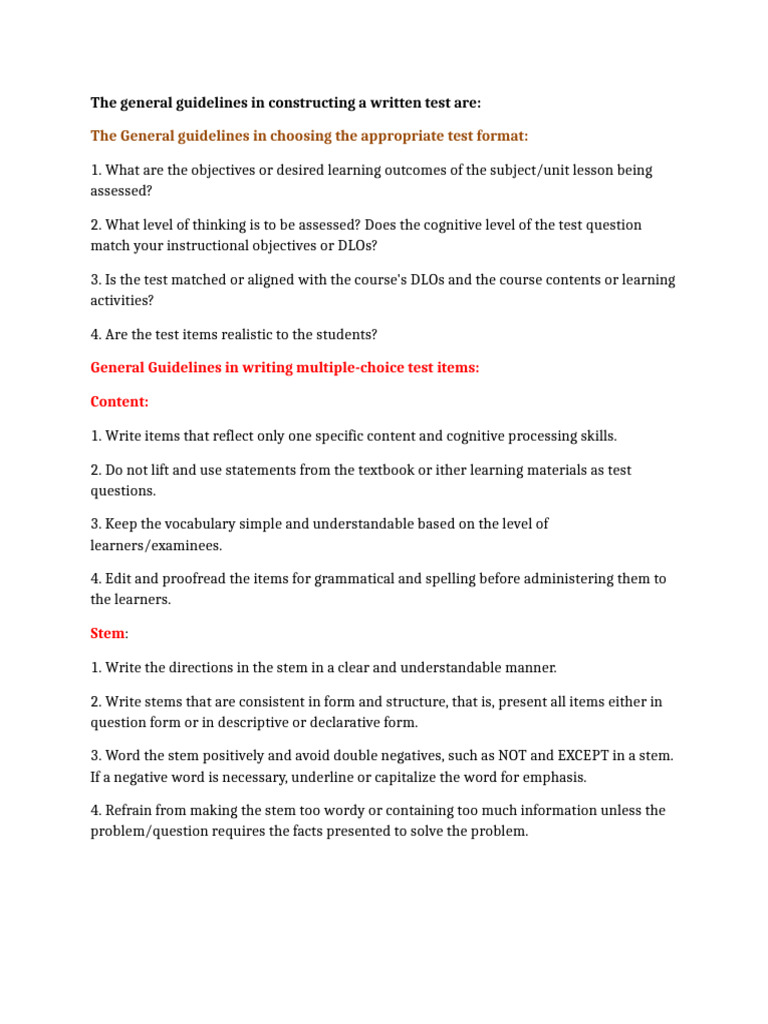 The General Guidelines in Constructing A Written Test Are | PDF ...