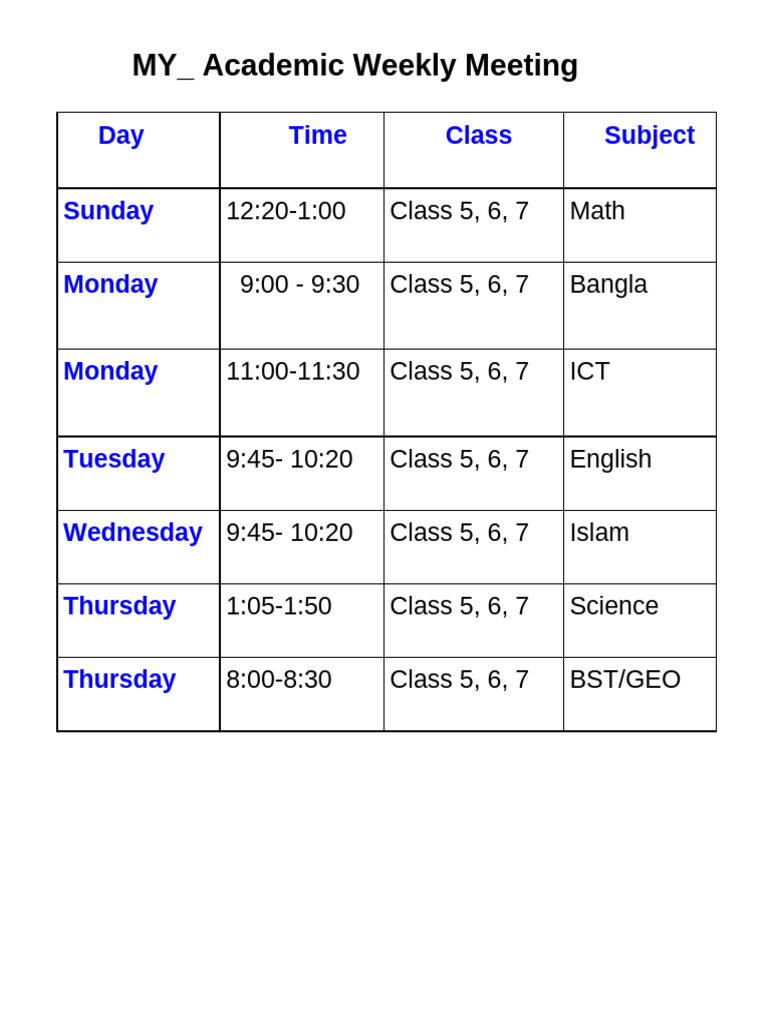 Weekly Class Schedule Overview | PDF