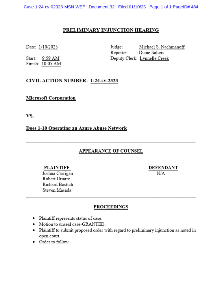 Preliminary Injunction Hearing: Appearance of Counsel Plaintiff ...