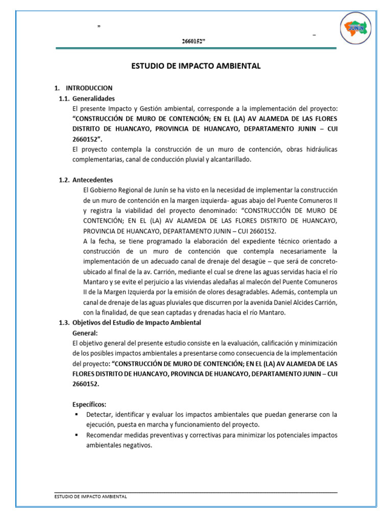 Estudio de Impacto Ambiental Muro Huancayo | PDF | Evaluación de ...