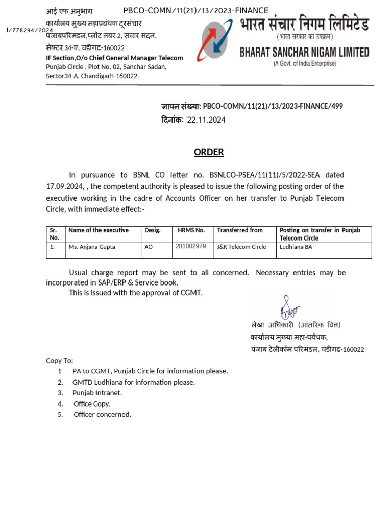 BSNL Punjab AO Transfer Order 2024 | PDF
