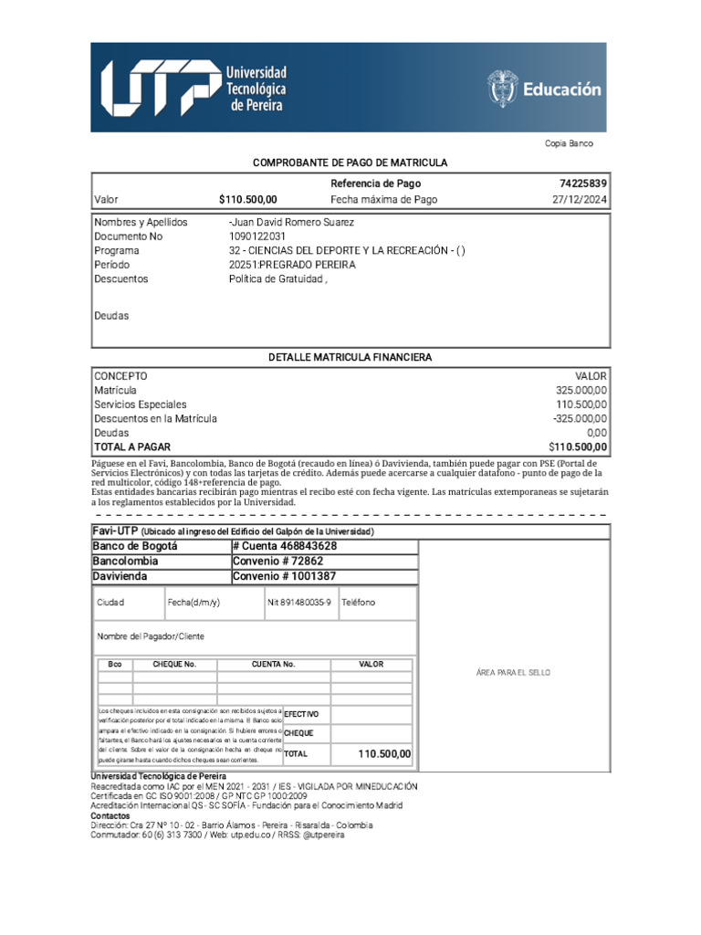 Recibos de Pago - UTP | PDF | Bancos | Cheque