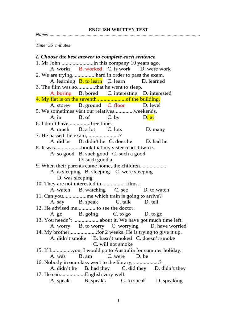 Writrten Test | PDF | Grammar | Linguistics