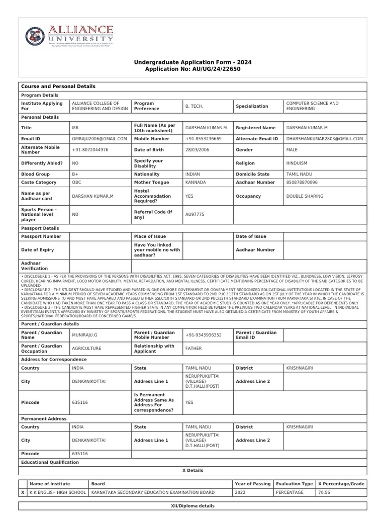 Application Form AU UG 24 22650 | PDF