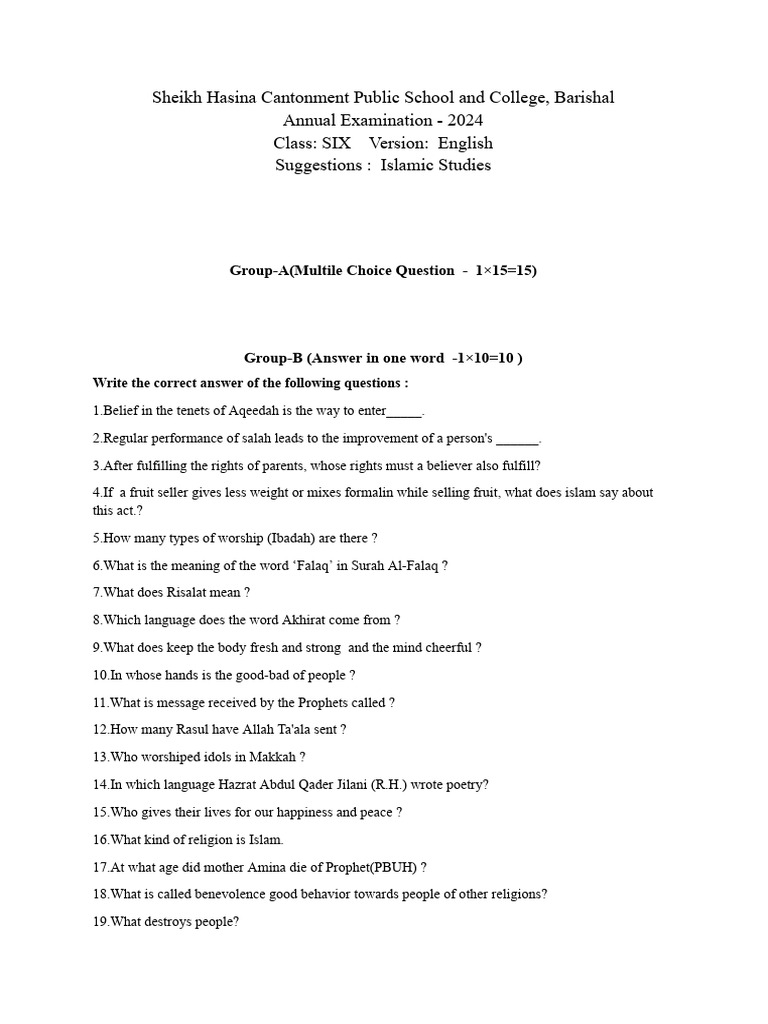 Islamic Studies Exam 2024: Class Six | PDF | Prophets And Messengers In ...