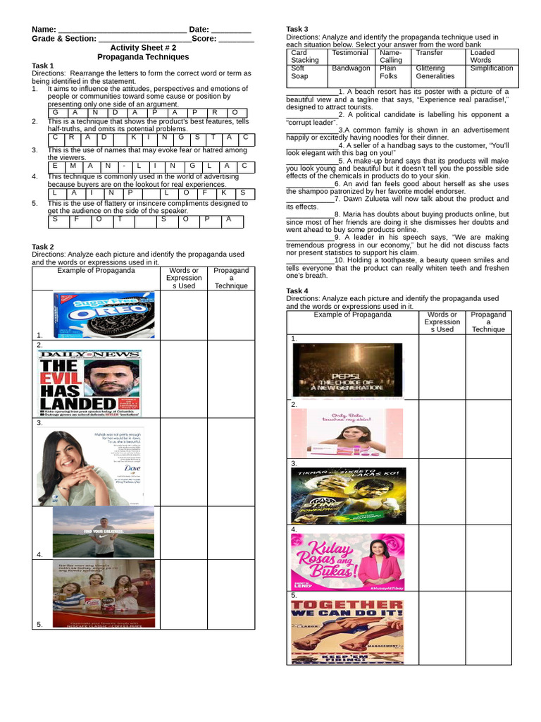 Propaganda Techniques Activity Sheet | PDF | Propaganda | Human ...