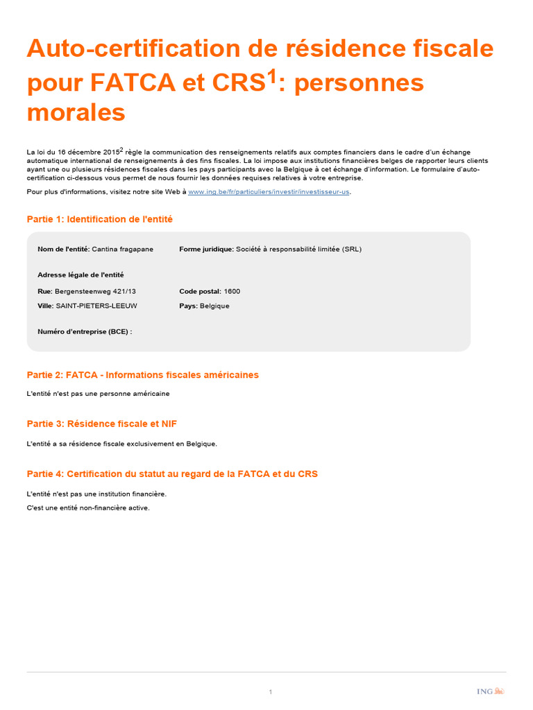 Auto-certification CRS pour entreprises | PDF | Belgique