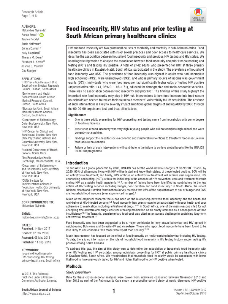 Food Insecurity, HIV Status and Prior Testing - Nyirenda-2018 | PDF ...